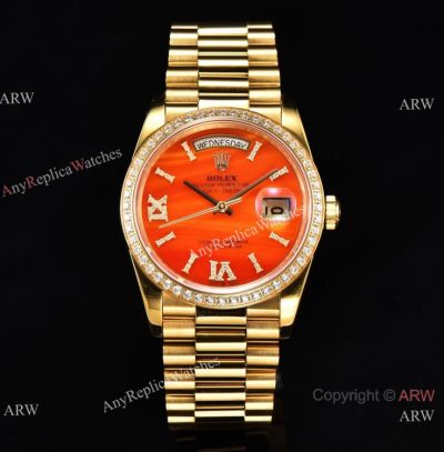 Swiss Rolex Day-Date 36 CS 2836 Watch with Carnelian Diamond Set Dial